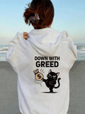 Women's Hoodie Down With Greed Angry Cat With Money Bag Illustration