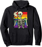 Men's Hoodie Colorful Rainbow Background With Smoking Skeleton Holding Coffee Mug