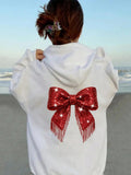 Women's Hoodie Sparkling Sequined Tassels Festive Red Bow Hoodie