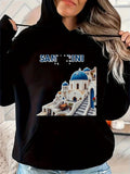 Women's Hoodie Santorini Blue Domes With Bright White Sunlit Staircase Buildings