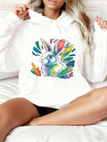 Women's Hoodie Vibrant Painted Grass With Colorful Brushstroke Accents Surrounding Rabbit