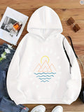Women's Hoodie Pastel Sun Rays Over Wavy Waterlines And Colorful Geometric Mountains