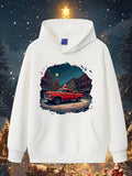 Men's Hoodie Vintage Urban Street At Night With Snow And Red Pickup Truck