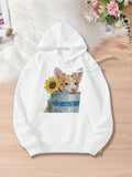 Women's Hoodie Sunflower Blooming Playfully Beside Dog In Blue Bucket
