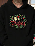 Men's Hoodie Merry Christmas Holly Leaves With Berries And Snowflake Wreath
