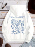 Women's Hoodie Sea Market Hand Drawn Ocean Shells With Starfish Underwater Theme Hoodie