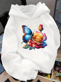 Women's Hoodie Colorful Blue Butterfly With Yellow Rose On White Hoodie