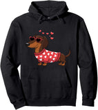 Men's Hoodie Cartoon Dachshund Wearing Heart Patterned Sweater Surrounded By Floating Red Hearts Dog