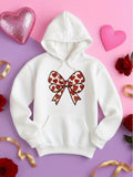Women's Hoodie Red Heart Motif Patterned Ribbon Bow With White Background Hoodie