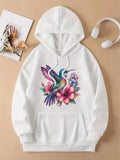 Women's Hoodie Colorful Feathers With Lush Flowers Surrounding A Vibrant Hummingbird