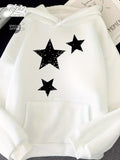 Women's Hoodie Shining Black Patterned Stars On Soft White Fabric Hoodie