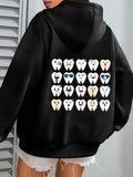 Women's Hoodie Playful Cartoon Expressions On Cheerful Character Tooth Pattern