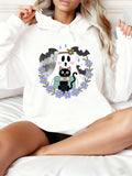Women's Hoodie Cute Ghost Surrounded By Purple Flowers With Black Cat And Flying Bats