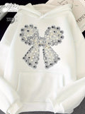 Women's Hoodie Elegant Sparkling Pearls And Rhinestones Embellished Bow