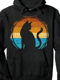 Men's Hoodie Retro Distressed Stripes With Sunset And Silhouette Of Sitting Cat