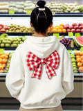 Women's Hoodie Red Checkered Ribbon Bow On Soft White Fabric Hoodie