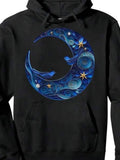 Men's Hoodie Blue Swirling Crescent Moon With Birds And Shining Stars