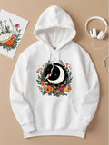 Women's Hoodie Botanical Garden With Crescent Moon Silhouette And Grazing Cat