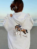 Women's Hoodie Graceful Horse Rider Jumping Over Fences At Outdoor Arena Horse