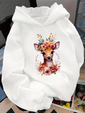 Women's Hoodie Delicate Watercolor Blossoms With Garland Crowned Young Fawn