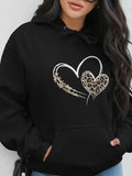 Women's Hoodie Leopard Print Accents Intertwined Hearts On Solid Black Hoodie