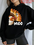 Women's Hoodie Surprised Cartoon Turkey With Funny Moo Text Surrounded By Feathers Turkey