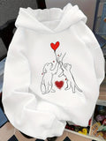 Women's Hoodie Simple Line Art With Playful Dogs And Red Heart Motif Dog