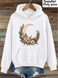 Women's Hoodie Botanical Crescent Moon With Autumn Wildflowers Blooming Under Moonlight