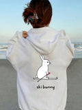 Women's Hoodie Ski Bunny With White Snowy Scenery And Minimalist Cartoon Rabbit