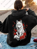 Women's Hoodie Elegant Gray Wolf Resting Among Vibrant Red Roses And Green Foliage Wolf