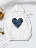 Women's Hoodie Blue Patchwork Denim Effect Heart Pattern Hoodie
