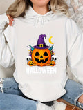 Women's Hoodie Halloween Pumpkin With Purple Wizard Hat Surrounded By Skulls And Crescent Moon
