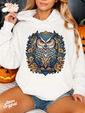 Women's Hoodie Elegant Blue And Gold Autumn Leaves Surrounding Wise Owl