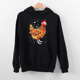 Men's Hoodie Holiday Lights Hen Wearing Red Santa Hat Among Falling Snowflakes Chicken