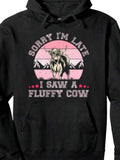 Men's Hoodie Sorry Im Late I Saw A Fluffy Cow Pink Retro Sunset Mountains With Highland Cow