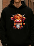 Men's Hoodie Cute Brown Highland Cow Drinking Coffee Among Bright Whimsical Colors Cow