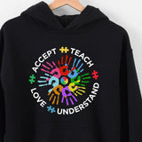 Men's Hoodie Accept Teach Love Understand Multicolored Hands Forming Circle With Puzzle Pieces
