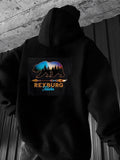Men's Hoodie Colorful Sunset Silhouette Forest Landscape With Bear Trees And Mountains
