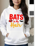 Women's Hoodie Bats In My Hair Playful Halloween Lettering With Red Lips Bat