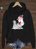 Women's Hoodie Festive Winter Scene With Duck In Santa Hat And Cheerful Snowman