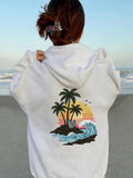 Women's Hoodie Golden Sunset With Rolling Waves Under Palm Trees Island