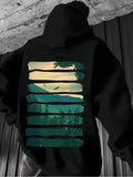 Men's Hoodie Vintage Striped Paintbrush Scenery Featuring Flying Birds And Pine Forest