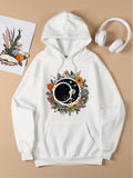 Women's Hoodie Floral Frame With Crescent Moon And Gentle Surreal Night Cat