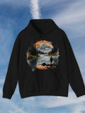 Men's Hoodie Peaceful Lake With Reflected Mountains At Sunset Surrounded By Forest And Silhouetted Fisherman