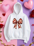 Women's Hoodie Romantic Red Hearts Patterned Ribbon Bow Hoodie