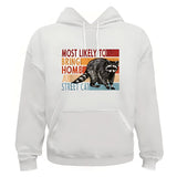 Men's Hoodie Most Likely To Bring Home A Street Cat Among Retro Stripes With Curious Raccoon