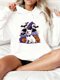 Women's Hoodie Festive Halloween Pumpkins And Bats With Magical White Dog