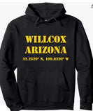 Men's Hoodie Willcox Arizona With Geographic Coordinates On Distinct Classic Black Hoodie