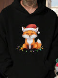 Men's Hoodie Festive Fox With Santa Hat Sitting Among Colorful Holiday Lights Fox