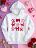 Women's Hoodie Playful Pink Red Bows With Scattered Paws Pattern Hoodie